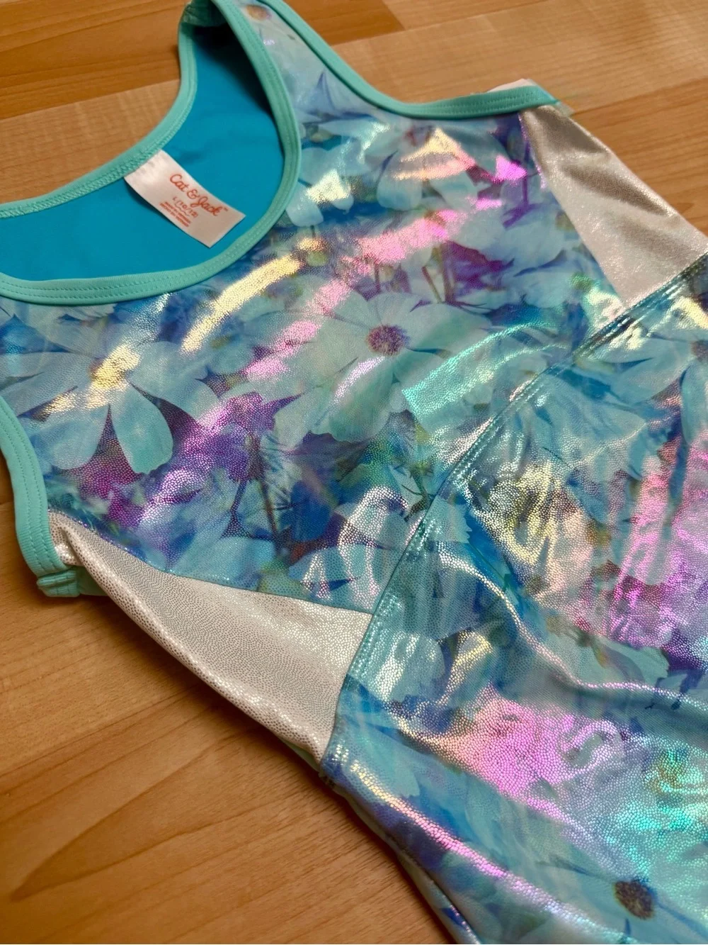 NWT Cat & Jack Girls Gymnastics Leotard Size L 10/12 Aqua Floral